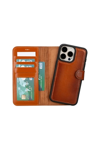 İphone 15 Pro Çıkarılabilir Deri Cüzdan Kılıf