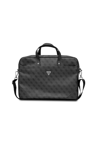 Guess 15-16 İnç Laptop Çantası Sıcak Damgalı 4g Desenli Üçgen Logolu Omuz Askılı Siyah