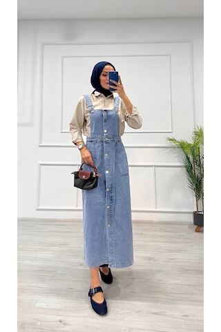 Etekli Salopet Enzim Süper Taş Yıkama Buz Mavi D 2521 Mavi