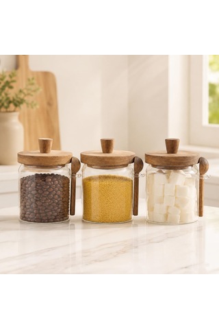 Akasya Kapaklı Kaşıklı Cam Kavanoz 450 Ml 3'lü Set, Şeffaf Cam Saklama Kavanozu, Ahşap Kapaklı Kaşıklı Mutfak Düzenleyici, Baharat Kahve Şeker Bakliyat Kuruyemiş Kavanozu Çok Renkli