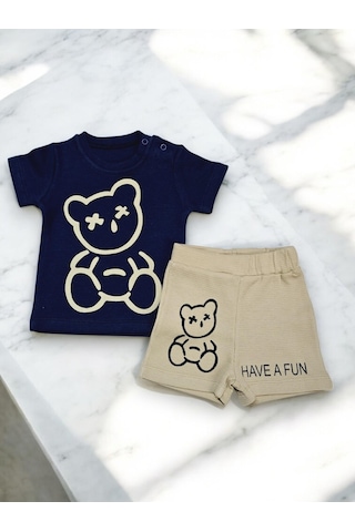 Ayıcık Desenli Erkek Bebek Şortlu Takım Lacivert