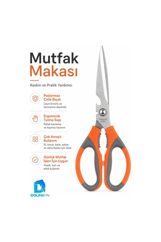 Çok Amaçlı Mutfak Makası Paslanmaz Çelik Ceviz Kıracaklı Turuncu Gri
