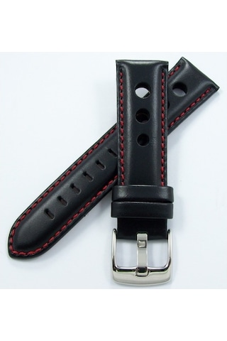 Bizon Siyah Deri Saat Kordonu 24Mm Kırmızı Dikişli Delikli Kayışı