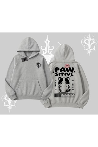 Paw Sitive Kedi Arka Baskılı Kapşonlu Sweatshirt