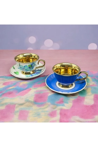 2 Kişilik Yaldızlı Renkli Porselen Kahve Fincan Takımı Seti 90ml