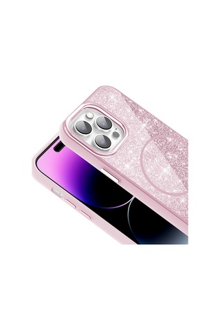 Ariatech Apple Uyumlu iPhone 14 Pro Max Kılıf Magsafe Şarj Özellikli Parlayan Simli Okso Kapak - P Pembe