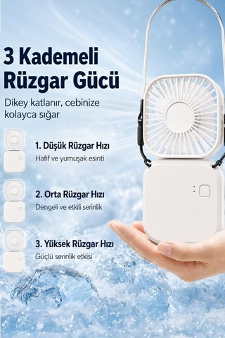 Özel Üretim Yazlık Esinti Hava F-05 Mini Fan Tutmalı Şarjlı Vantilatör Beyaz