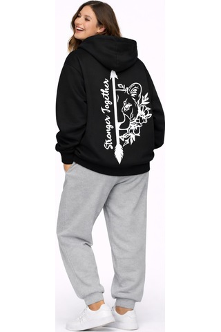 Nevermınd Stronger Together Yazılı Aslan Kaplan Baskılı Beyaz Sevgili Kombini Oversize Hoodie Siyah Siyah