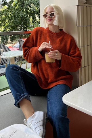 Kiremit Bisiklet Yaka Oversize Triko Kazak Mg1972 Kiremit