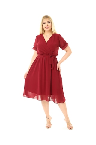 Kısa Kol Büyük Beden Şifon Bordo Elbise 13E-2066 Bordo