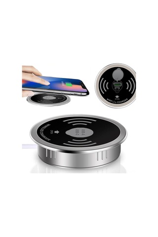Hombey 15w Masaüstü Gömülü Kablosuz Şarj Cihazı - Usb-a/usb-c Hızlı Şarj, Qi Desteği, Siyah