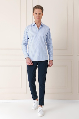 Efor Slim Fit Dikine Çizgili %100 Pamuk Klasik Mavi Beyaz Gömlek Gk 721 Mavi - Beyaz