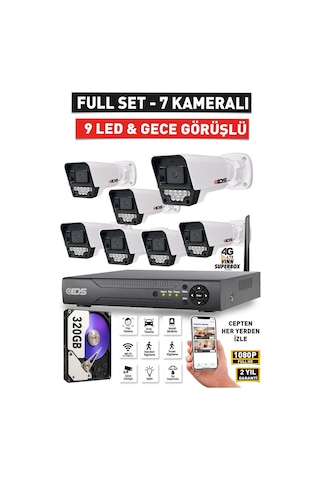 7 Kameralı 1080p Fullhd 5mp Lensli 9 Led Gece Görüşlü Güvenlik Kamerası Seti - 320gb