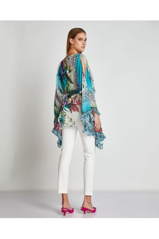 Kadın Desenli Kemerli Şifon Pareo Geniş Kollu Ve Akışkan Hafif Tasarım