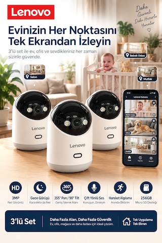 Lenovo Ev Kamerası 3'lü Set 2k 3mp, Wifi, Sesli, 360 Ptz, Mobil Kontrol, Hareket Takip, Iç Mekan Kamera Lnv35cset