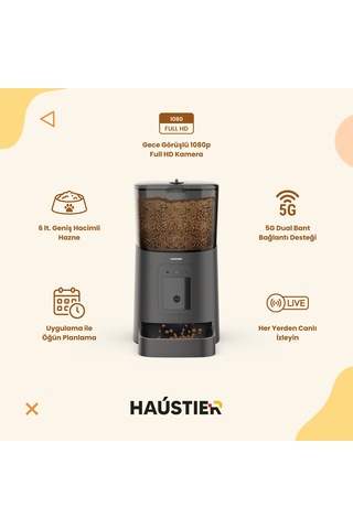 Haustier Pp003 Pro Siyah Kameralı 1080p Fhd Gece Görüş Akıllı Otomatik Kedi Mama Kabı, Tuya App-wifi Uzaktan Kontrol, Sesle Çağırma, 2.4ghz-5ghz, 6lt Hazne, Metal Kase