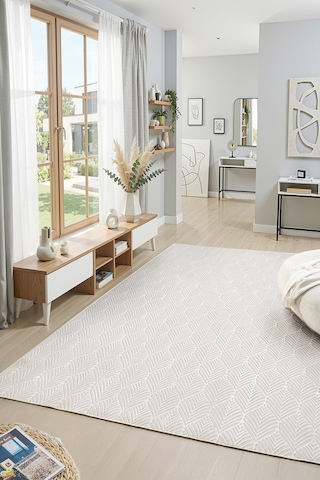 Raschel Carpet Premium Yıkanabilir Leke Tutmaz Yaprak Emboss Krem Özel Seri Kaymaz Taban Halı Yolluk Krem