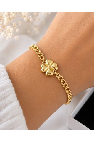 Cm Jewelry Yonca Desenli Gold Çelik Bileklik Açık Kahverengi