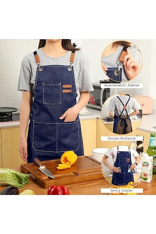 Valkyrie Unisex Kanvas Mutfak Önlüğü Ayarlanabilir Askılı Cepli Barista Garson Servis Önlüğü Lacivert