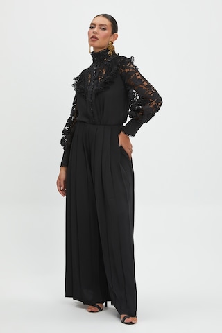 Kadın Dantel Detaylı Uzun Kollu Bluz - Yüksek Yaka, Transparan Kol, Şık Ve Modern Tasarım - Ofis Ve Özel Davetler İçin Bluz Siyah