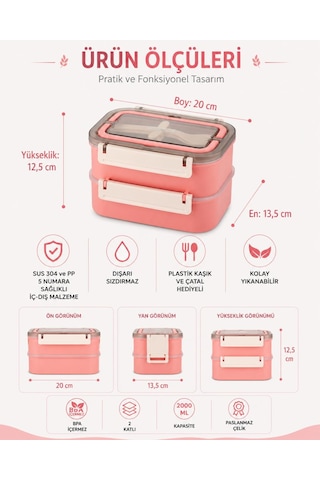 Vagonlife Bl2221-2 Pembe 1600 Ml 2 Katlı 3 Bölmeli Paslanmaz Çelik Lunch Box Beslenme Kabı Çok Renkli