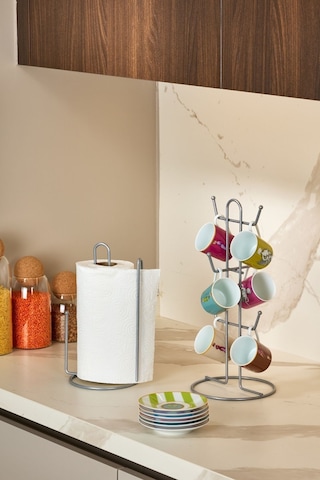 Edora Home 2'li Gümüş Mutfak Organizer Seti, Ayraçlı Kağıt Havluluk Ve 6 Kancalı Bardaklık - Metal Paslanmaz