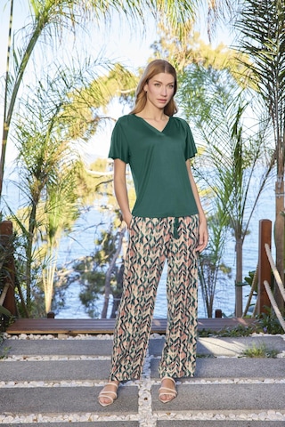 Monamise Kadın Desenli Kısa Kollu V Yaka Büyük Beden Pijama Takımı 25124bat. Yesil