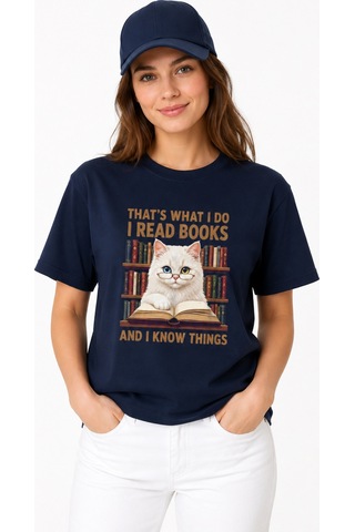 Bayloranzzo The Reader Cat %100 Pamuk Heavy Cotton Premium Kalite Kadın Tişört Lacivert