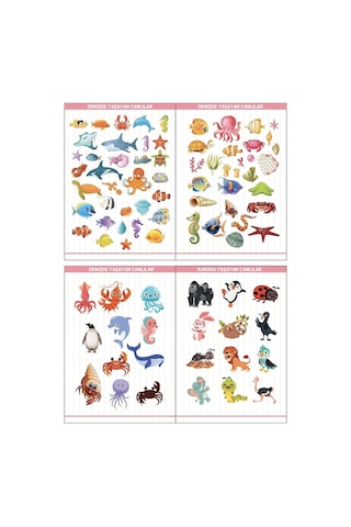 Eğitim Etiketleri Denizde, Havada, Karada Yaşayan Canlılar Figürler, 135 Adet Opak Sticker Renkli