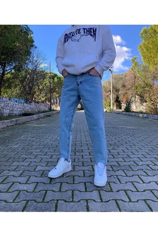 Yıkamalı Mavi Boyfriend Pantolon Mavi