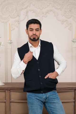 Woolen World Regular Fit Ön Cepli Kolsuz Erkek Triko Yelek Lacivert