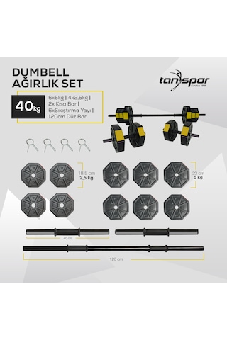 Tan Spor 40KG Dambıl Ağırlık Halter Ağırlık Kısa Bar ve 150 cm Düz Bar Seti