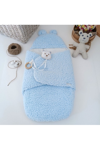 Peluş Bebek Dış Kundağı Oyuncaklı Uyku Tulumu Hastane Çıkışı Hediyelik Sarma Battaniye Mavi