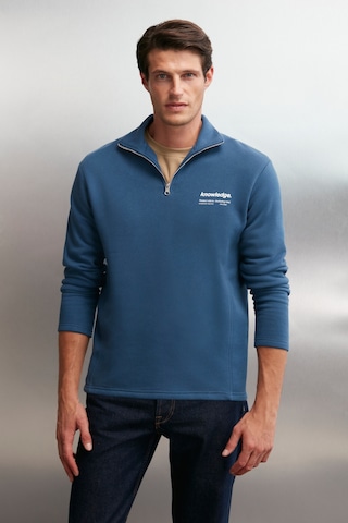 Grımelange Halden Erkek Içi Polarlı Dik Yaka Yarım Fermuarlı Baskı Detaylı Regular Mavi Sweatshirt