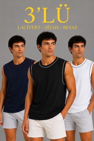 Tarz Yeri Erkek 3 Lü Kolsuz Sporcu Atlet Seti Yazlık Bisiklet Yaka - Siyah, Lacivert, Beyaz Çok Renkli