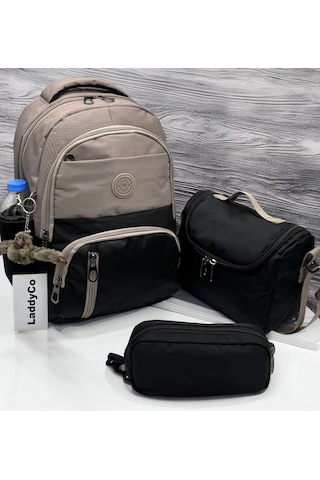Suya Dayanıklı İlk Okul Çantası 3'lü Seti Unisex Çocuk İlkokul Çantası Ldc-8010 Vizon-siyah Kahverengi