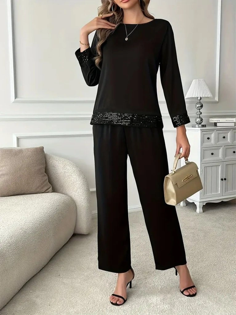 Tua Moda Kadın Uzun Kollu Bisiklet Yaka Pulpayetli Viskon Iki Iplik Bluz Ve Pantolon Ikili Takım Siyah