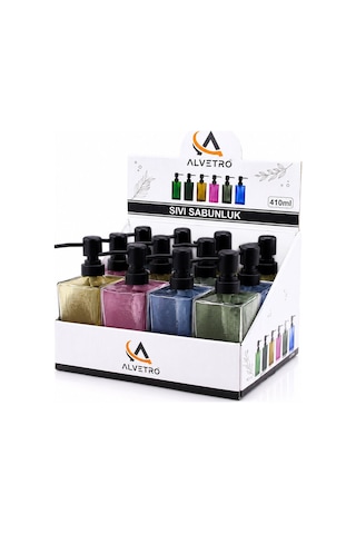 Alvetro Alv-08 Cam Sıvı Sabunluk 410 Ml - Kare Renkli Şeffaf Buzlu Çizgili Desen- 12'li Paket Diğer