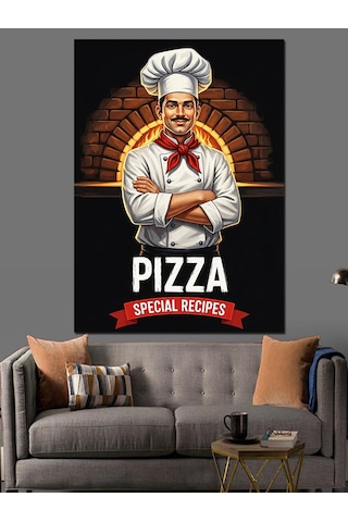 Fırın Önünde Pizza Ustası Şef Aşçı " Özel Pizza Tarifleri" Sloganlı Afiş Dekoratif Kanvas - Mdf Ahşap Tablo