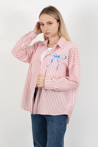 Giysa Kadın Fiyonk Baskılı Oversize Çizgili Gömlek Kırmızı Beyaz - 71567 Kırmızı