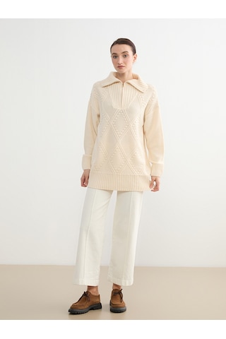 Lcw Modest Bej Polo Yaka Baklava Desenli Kadın Triko Tunik