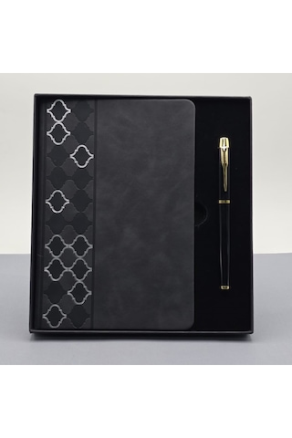 Desenli Siyah Deri Defter Kalem Set Çok Renkli