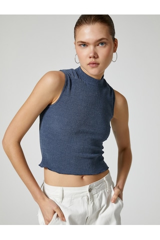Koton Crop Dik Yaka Atlet Slim Fit Viskoz Kumaş Karışımlı Mavi 4sal30046ık 4SAL30046IK624 Mavi