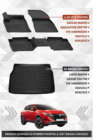 Sahler Qashqai E-power 2022 + Uyumlu 4.5d Premium Havuzlu Oto Paspas Ve Liner Marka 3d Ust Bagaj Hav