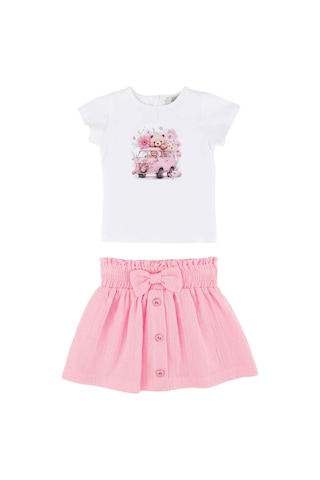 Araba Çiçek Baskılı Body Fiyonklu Etek Takım Pembe