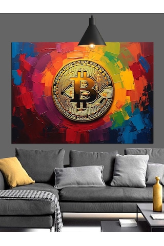 Renkli Fonda Bitcoin Sembolü Dekoratif Kanvas - Mdf Ahşap Tablo