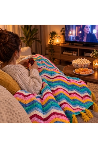 Renkli Zikzak Detaylı Tv Battaniyesi Çok Renkli