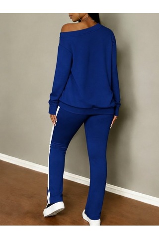 Bhrwear Kadın Tek Omuzdan Açık Uzun Kollu Viskon Iki Iplik Bluz Ve Yan Şerit Detaylı Pantolon Ikili Takım Renkli