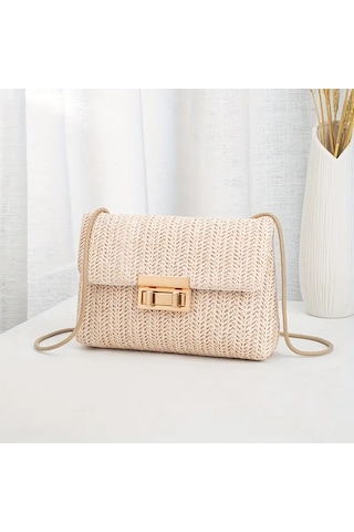 Dokuma Düz Renk Bej Tokalı Omuz Çantası Bej