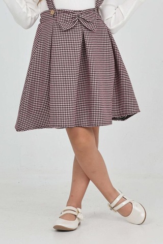 Kız Çocuk Dantel Yakalı Salopet Askılı Kazayağı Desenli 2'li Elbise 12304 Koyu Pembe